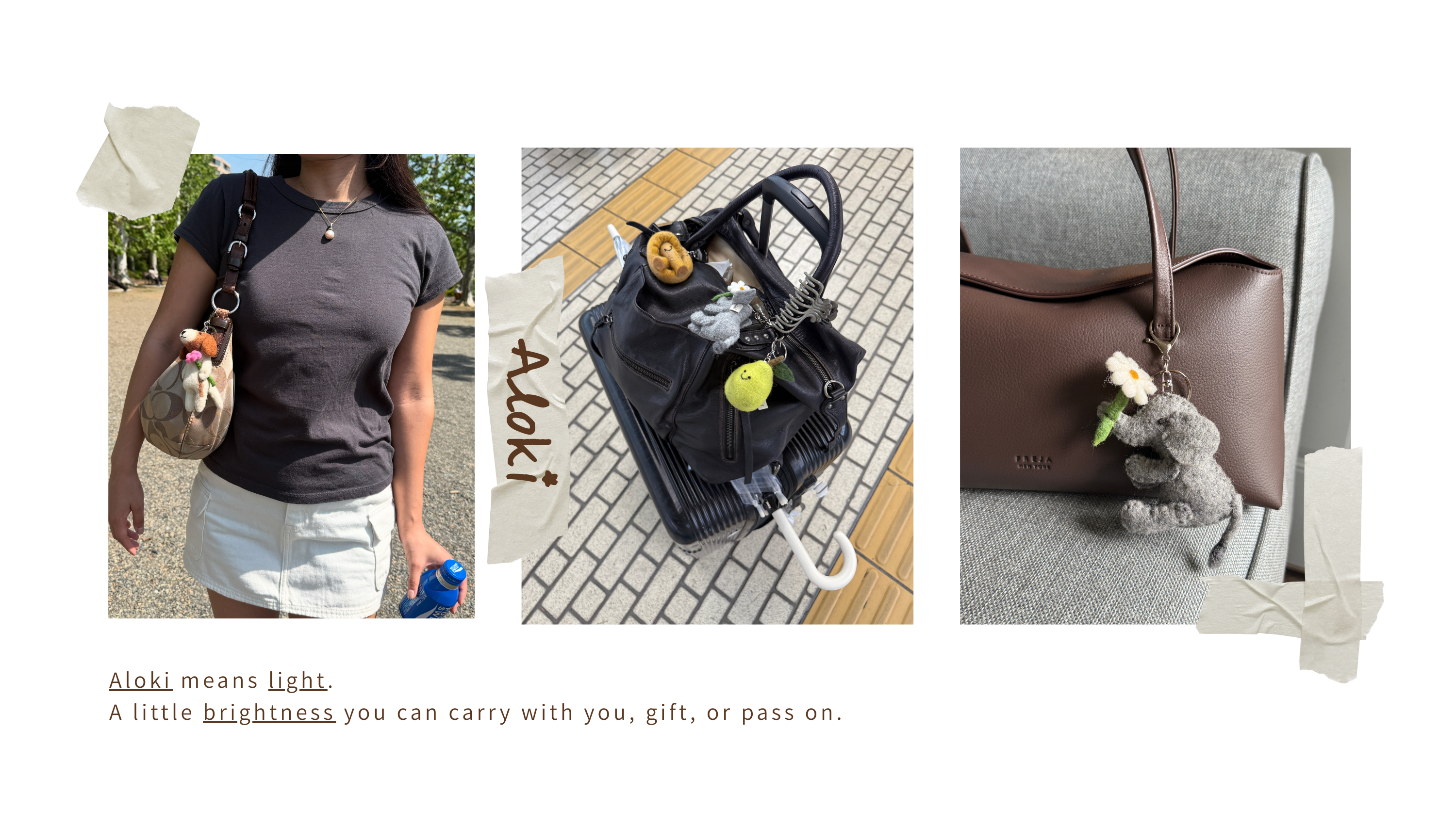 Collage of a handbag with decorative elements and a person holding it, featuring the brand 'Aloki'.
